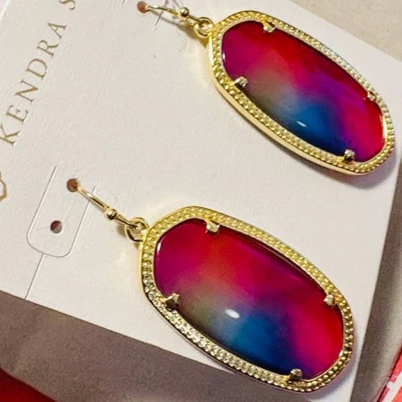 NWT [Kendra Scott] Elle Watercolor Illusion Iridescent Gold Frame Drop Earrings - Picture 3 of 8